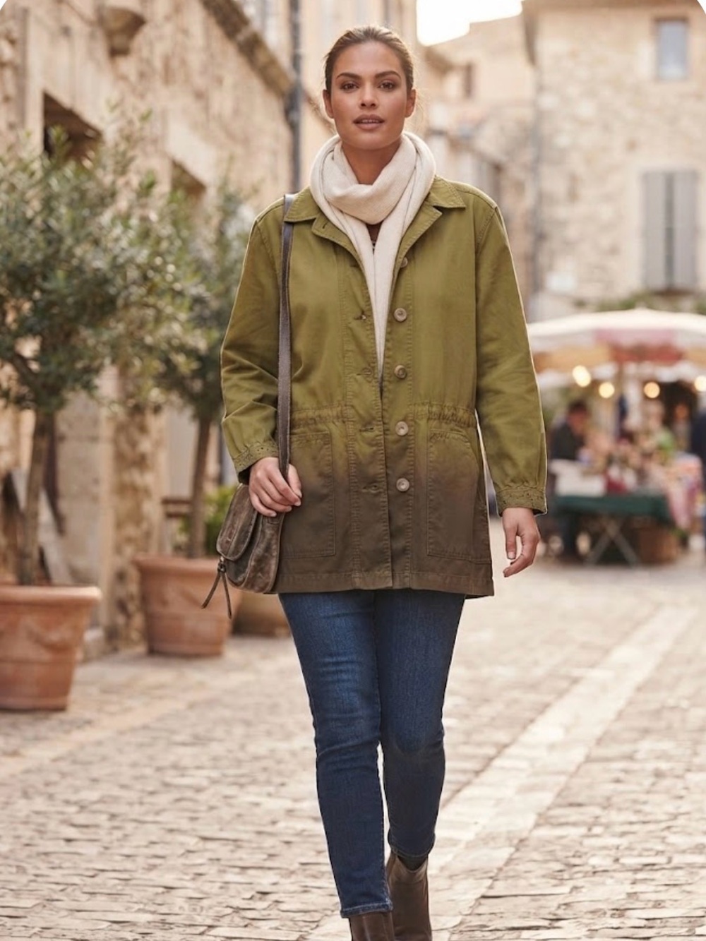 Cream Denim Oversized Ombré Green Utility Jacket Eyelet Patches Sz 38/S